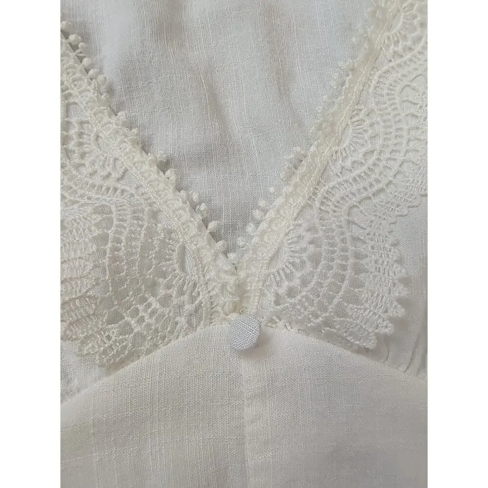 Zara Womens Crop Top Blouse Lace White XS Smocked Waist Long Sleeve Deep V-Neck